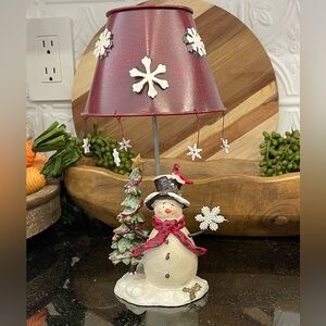 Vintage Crazy Mountain Snowman Tea Light Candle Holder with Metal Cutout Shade